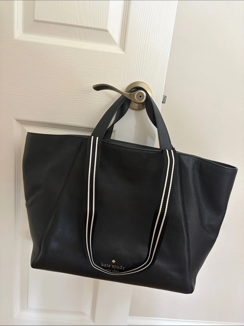 kate spade Black Pebbled Leather Tote with Striped Shoulder Straps